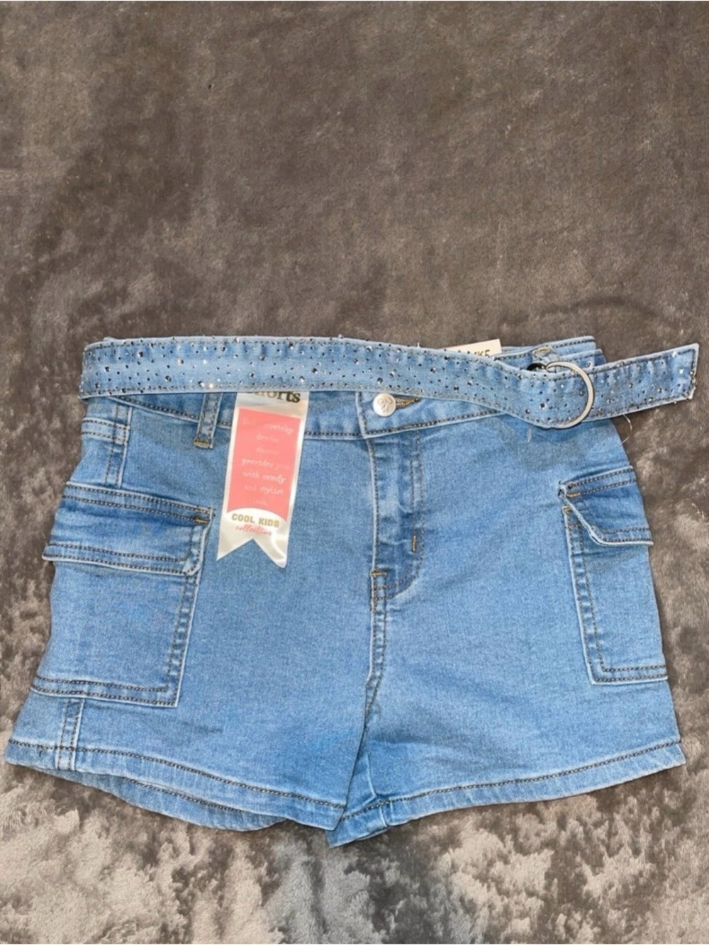 Girls' Light Blue Denim Cargo Shorts with Studded Belt